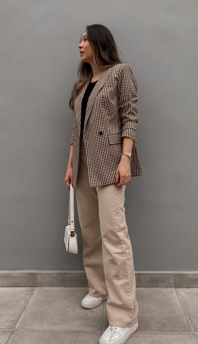 Checkered Blazer with Neutral Wide-Legs