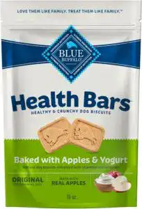 Blue Buffalo health bars healthy & crunchy dog bisquits blue white and green bag. baked with apples and yogurt