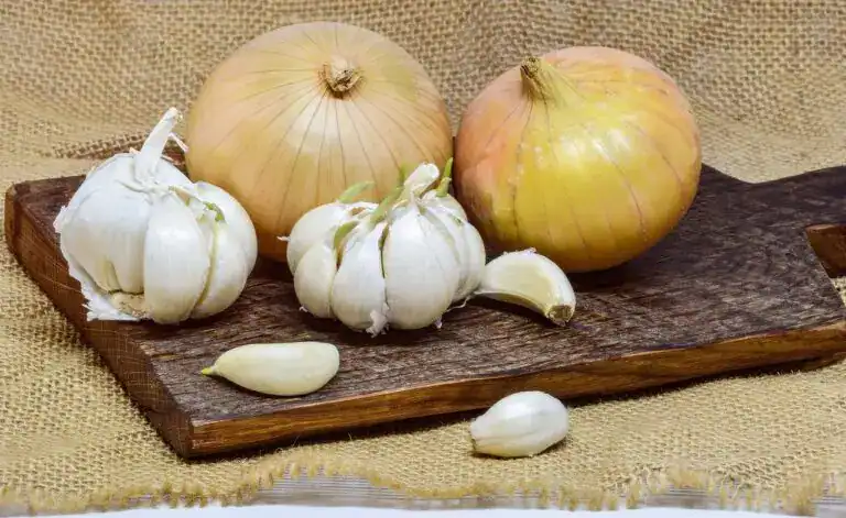onion, garlic, cutting board