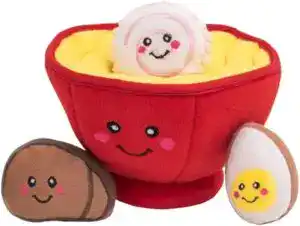 CLICK HERE. AMAZON'S CHOICE. ZippyPaws Burrow Puzzle Plush Dog Toy, Interactive Squeaky Toy for Enrichment, Hide and Seek Game for Small to Medium Dogs, Ramen Bowl