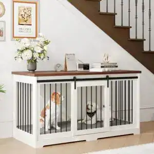 CLICK HERE. Large Dog Crate Furniture - Indoor Wooden Heavy Duty Dog Kennel with Sliding Barn Door - Furniture Style Dog Crate Side End Table TV Stand - 55.1" Lx23.6 Wx29.5 H, White