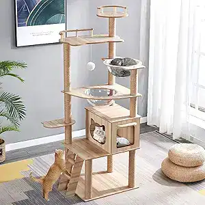 Modern Multi-Level Large Real Solid Wood Cat Tree, Luxury Wooden Cat Tower Cat Condo with Multi-Layer Platform for Indoor Cats