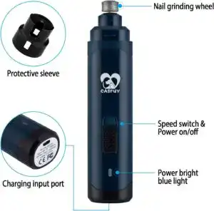 Dark blue Casfuy dog nail grinder with USB charging cable and removable cap, featuring a 2-speed setting for safe, quiet pet nail grooming