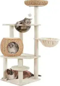 CLICK HERE. AMAZON'S CHOICE. Yaheetech Cat Tree, 54in Rattan Cat Tree Tower with Luxury Woven Condo, Clear Bowl, Washable Cushions, and Scratching Posts, Cat Furniture for Indoor Cats