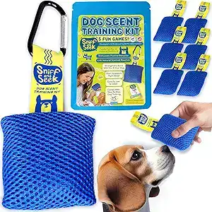 Interactive Games for Your Dog 40 Dog Scent Training Kit featuring blue hide-and-seek scent pouches, used to boost focus, reduce stress, and provide stimulating dog brain games for pets of all ages indoors or outdoors.