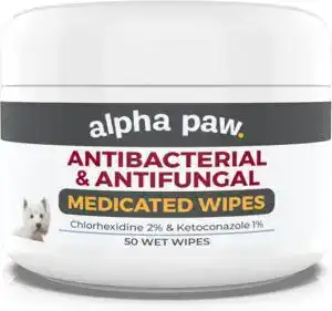 Alpha Paw antibacterial and antifungal wipes used to treat irritation and infections that cause excessive paw licking in dogs, helping answer why does my dog keep licking his paw.