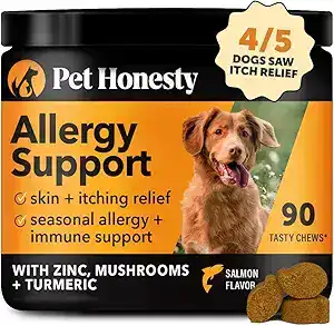 Pet Honesty Allergy Support chews for dogs designed to reduce dog paw irritation and allergy symptoms, helping relieve itching and licking.
