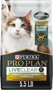 Purina Pro Plan LiveClear Weight Management Cat Food 5.5 lb bag for indoor cats, featuring allergen-reducing formula and healthy weight support.