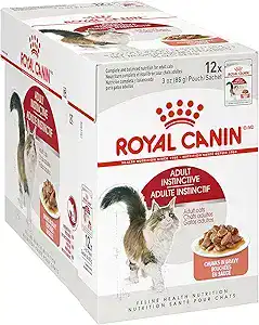 Royal Canin Adult Instinctive wet cat food 12-pack box — balanced hydration and easy-to-digest wet food for adult cats.