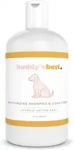 Buddy’s Best Moisturizing Dog Shampoo and Conditioner – 16 oz bottle, coconut vanilla bean scent, gentle formula for soft, clean fur with a minimalist design label