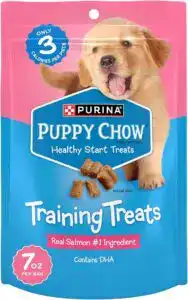 Purina Puppy Chow puppy training treats bag with soft salmon dog treats for beginners.