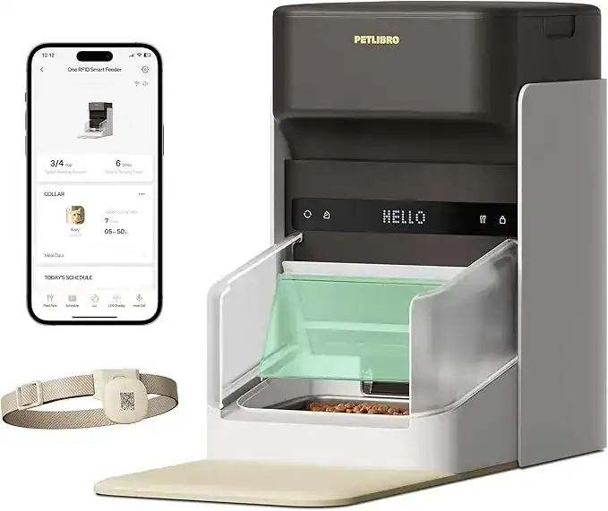 RFID collar activated cat feeder with app control and secure feeding chamber.