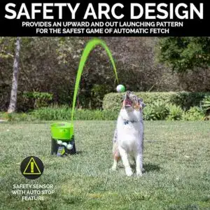 a dog catching a ball in its mouth from an automatic dog launcher found on amazon