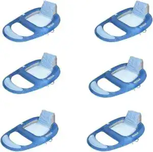 Set of six blue mesh pool loungers with backrests and cup holders, designed for relaxing in the water. Made with durable fabric and buoyant construction, these floats can comfortably support adults or be used as a safe floating space for dogs to cool off and relax during pool time. Great for pet-friendly summer fun. Featured on MTNestersTechGadgets.com.