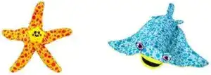 Colorful floating dog toys shaped like a starfish and stingray, designed for water play. Made with soft, durable fabric for pool or beach fun. Perfect for medium to large water-loving dogs. Great for interactive fetch and summertime swimming. Featured on MTNestersTechGadgets.com.
