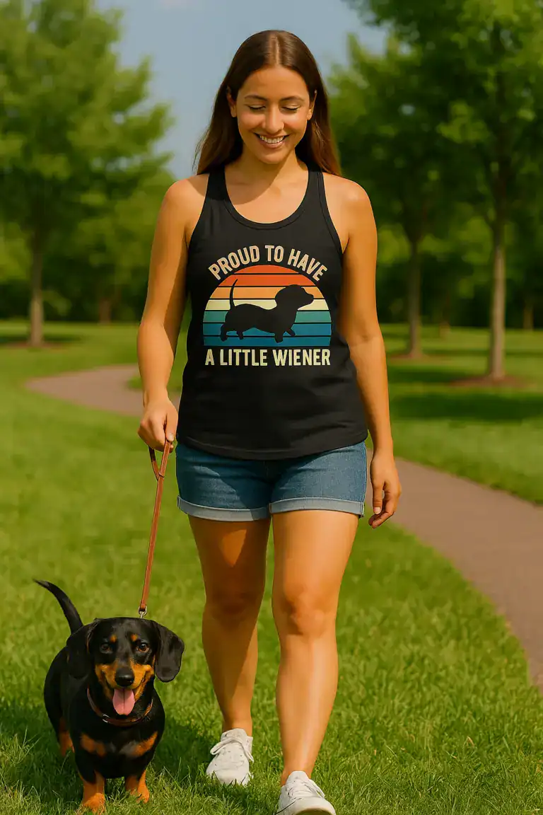 young girl walking small black dachshund with tank top that says proud to have a little wiener. You can find on Etsy at mypoundpupbentley