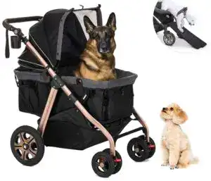 Large German Shepherd sitting comfortably in the HPZ Pet Rover Titan — one of the best heavy-duty dog strollers for senior dogs, built with durability and support for bigger breeds