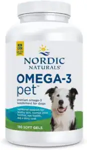 Nordic Naturals Omega-3 Pet supplement bottle for dogs – 180 soft gels providing premium fish oil to support healthy skin, shiny coat, joint function, and overall heart health.