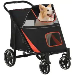 Medium-sized dog sitting comfortably inside a PawHut stroller — one of the best dog strollers for senior dogs to enjoy safe and relaxing outdoor rides.