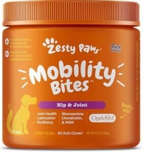Zesty Paws Mobility Bites hip and joint supplement for dogs, duck-flavored soft chews with glucosamine, chondroitin, and MSM — senior dog supplements for mobility support.