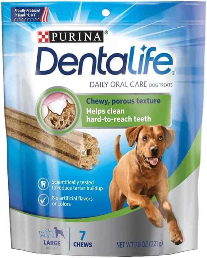 Purina DentaLife Dental Treats — chewy sticks that support oral health while reducing tartar buildup. These are great puppy training treats that promote clean teeth and fresh breath for daily dental care.