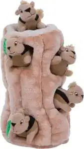 Dog puzzle toy featuring a plush tree trunk with squeaky squirrels — an interactive dog game that encourages play and mental stimulation.