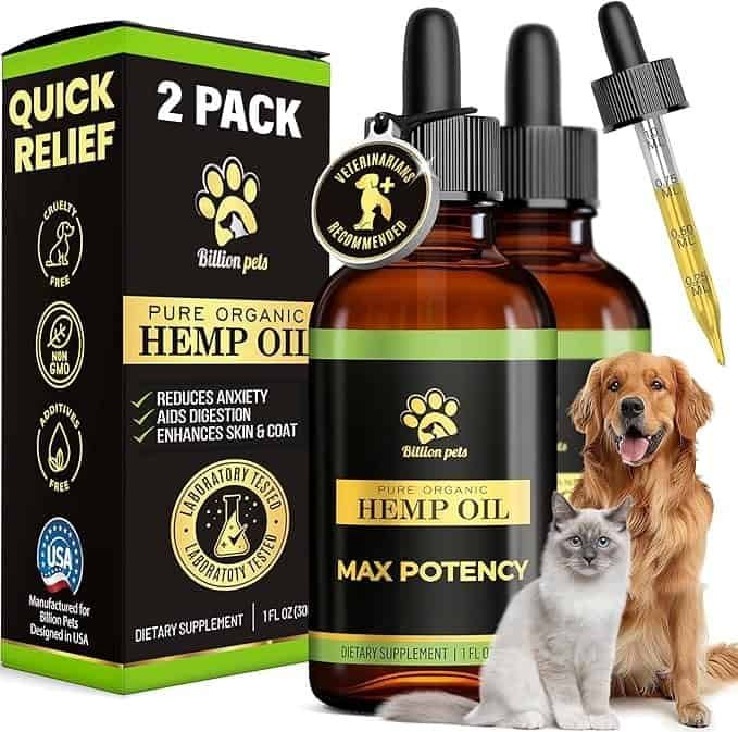 Billion Pets Pure Organic Hemp Oil – one of the best calming supplements for cats and best cat supplements for stress, promoting relaxation, healthy digestion, and a shiny coat.