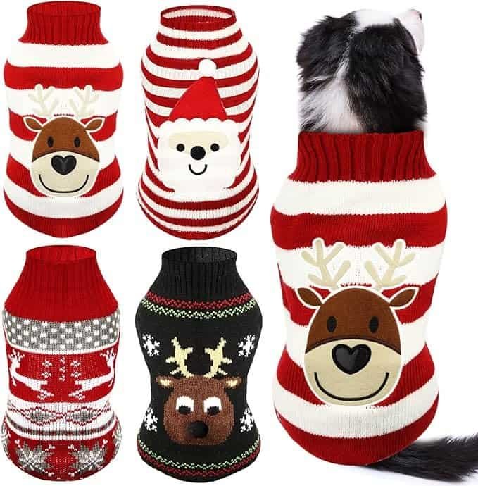 Red and white striped dog Christmas sweaters featuring reindeer, Santa, and festive holiday patterns, shown with a small dog wearing the reindeer sweater.