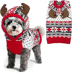Small dog wearing a red, white, and gray knit Christmas hoodie with reindeer antlers, shown next to the matching sweater laid flat