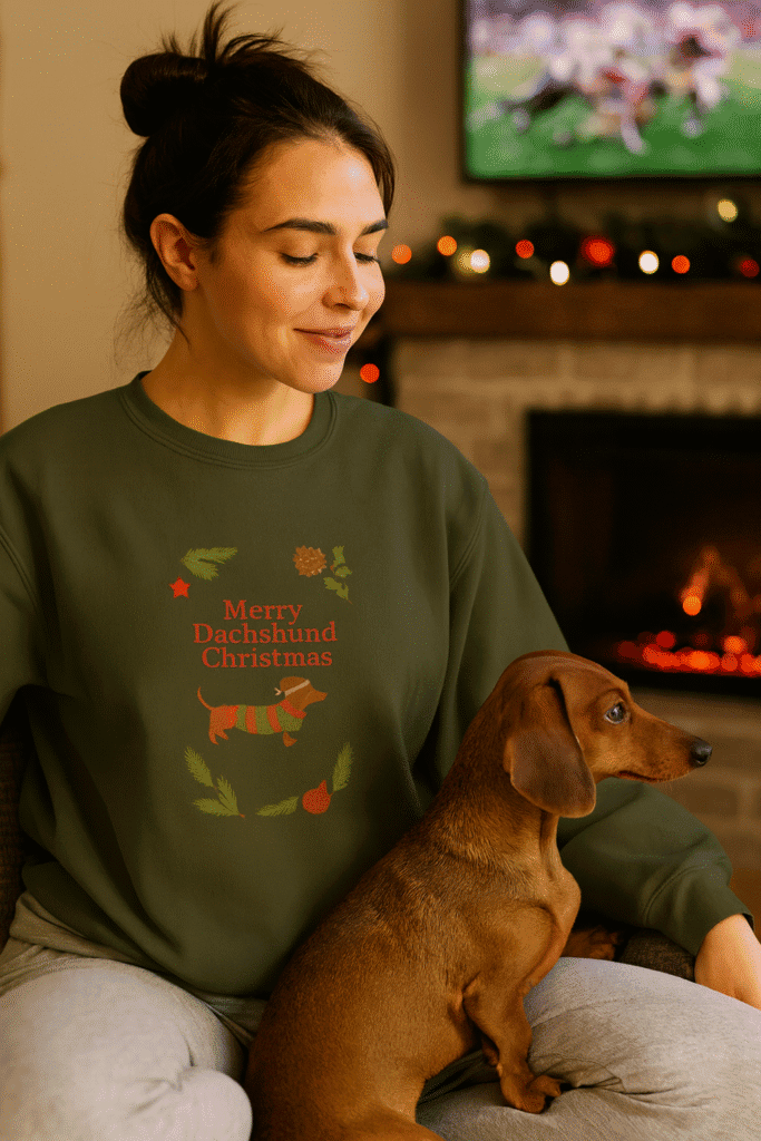 A cozy dog mom Christmas sweatshirt featuring a festive Merry Dachshund Christmas design, worn by a woman relaxing by the fireplace with her dachshund during the holidays.