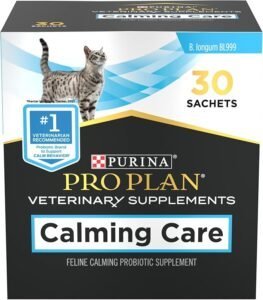 Purina Pro Plan Calming Care for Cats – vet recommended calming supplement with probiotics for natural anxiety relief for cats and stress support.