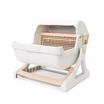 Budget-friendly cat litter box with raised sifting design and easy-clean features in beige and white.