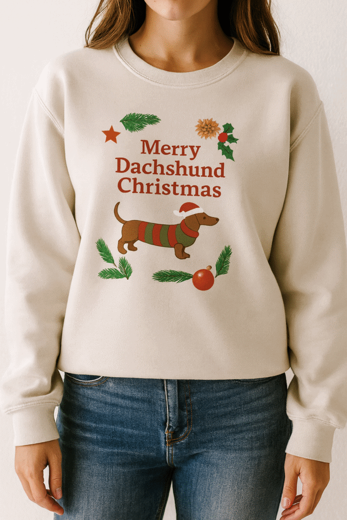 Woman wearing a Merry Dachshund Christmas sweatshirt featuring a cute dachshund graphic and festive holiday elements — cozy pet lover apparel for dog moms.