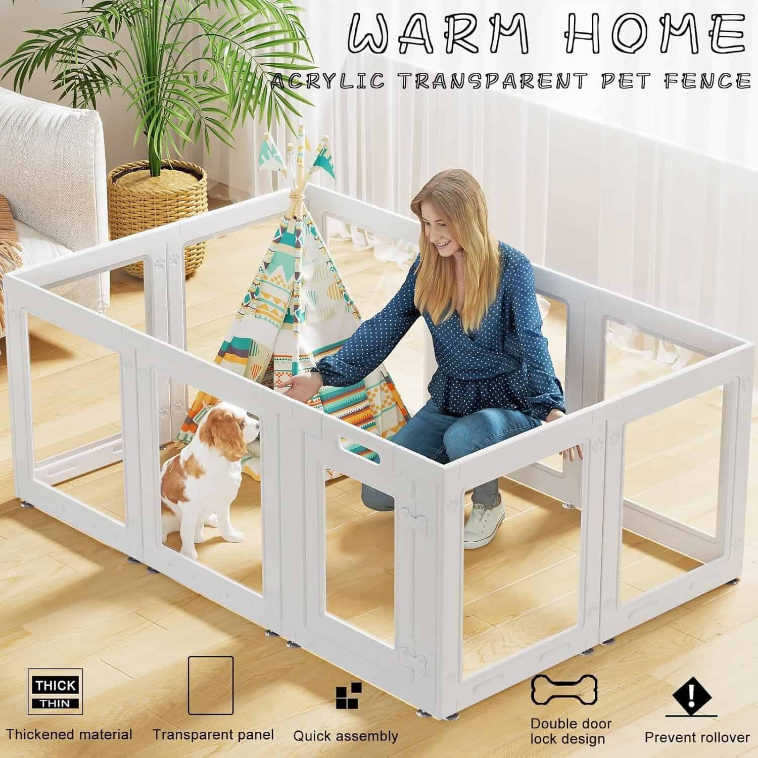 🐾 Finding Everyday Joy: How Pets Inspire Us to Live Better 11 Transparent acrylic dog indoor playpen with a woman sitting inside interacting with her small dog, showing a modern and safe pet containment setup.
