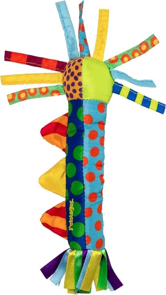 Colorful teething toy for puppies, useful for soothing during breaks in a puppy training schedule.