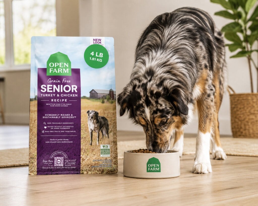 Open Farm Grain Free Senior Dog Food next to a large breed senior dog eating from a bowl.