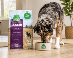 Open Farm Grain Free Senior Dog Food next to a large breed senior dog eating from a bowl.