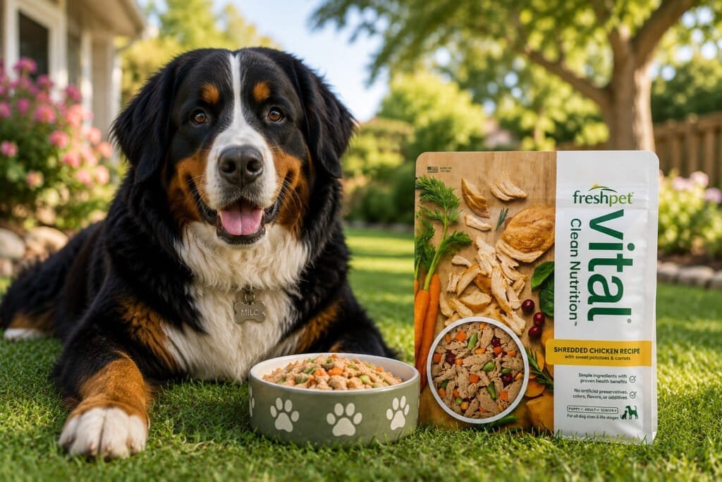 Freshpet Vital fresh dog food featured in our Best Large Breed Senior Dog Food 2026 guide with a happy senior dog eating outdoors.