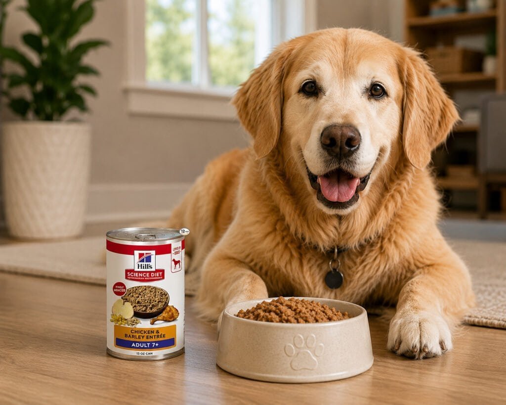 Happy senior golden retriever with Hill's Science Diet Adult 7+ wet food, best large breed senior dog food 2026 for brain health