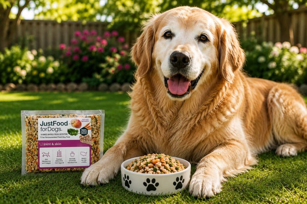 Best Large Breed Senior Dog Food 2026 recommendation featuring JustFood for Dogs fresh food and a healthy senior golden retriever with a shiny coat.