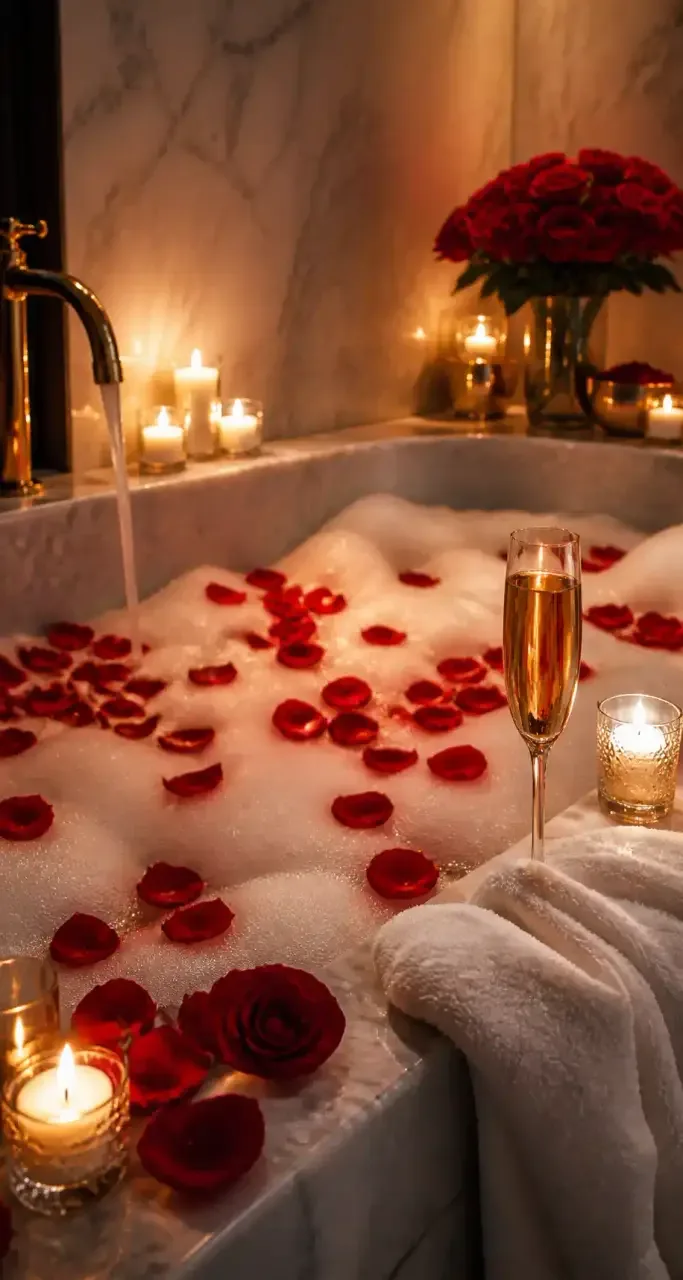 Bain garni de pétales de roses et de bougies sur un marbre clair, ambiance spa et bien-être