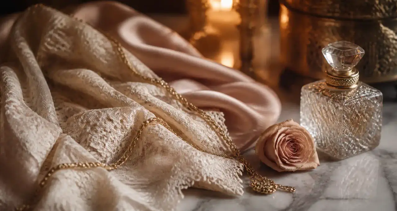 Dentelle fine ivoire et soie champagne drapées sur un marbre pâle, chaîne dorée et rose séchée, ambiance boudoir chic