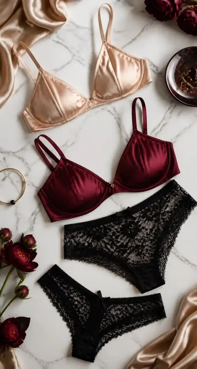 Sélection de lingerie fine en soie et dentelle disposée à plat sur un fond clair et lumineux