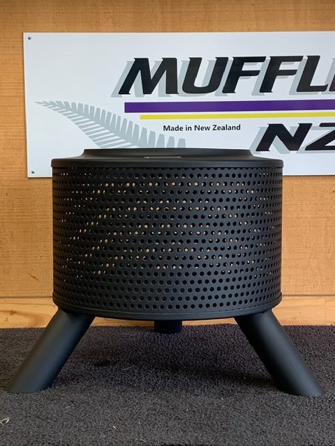 Advanced black perforated metal muffler cover with tripod legs, showcased at Mufflers NZ Ltd. Specialist in vehicle exhaust solutions in New Zealand.