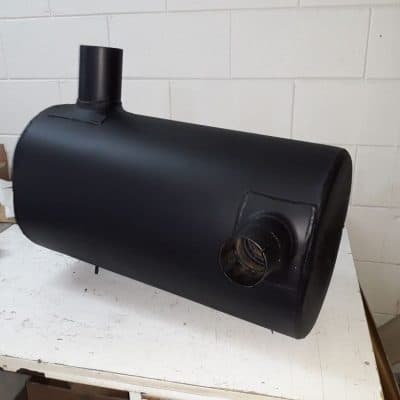 Black custom muffler for vehicle exhaust system, professional automotive exhaust repair.