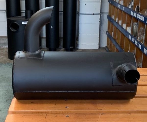 AlT text: Custom muffler with exhaust pipe and outlet for vehicle sound control.