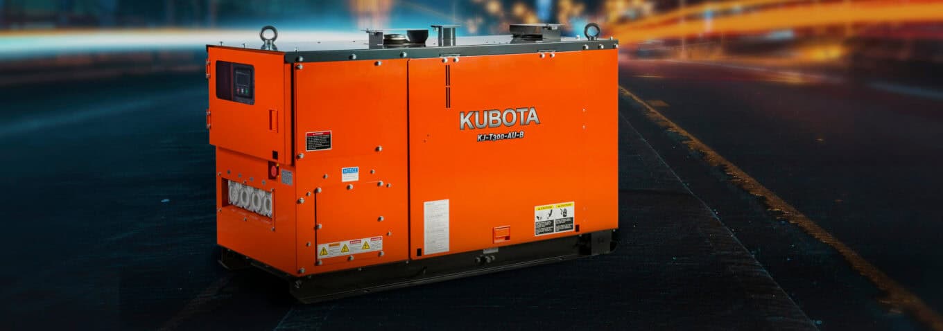 KUBOTA generator on city street at dusk, durable power backup equipment for industrial use.