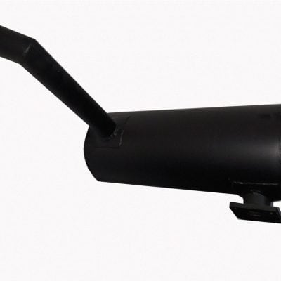 Alt text: Black motorcycle or vehicle muffler with exhaust pipe, automotive replacement part.