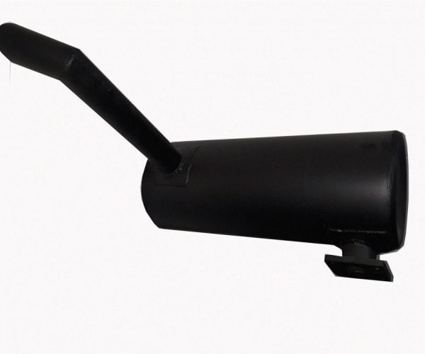 Alt text: Black motorcycle or vehicle muffler with exhaust pipe, automotive replacement part.