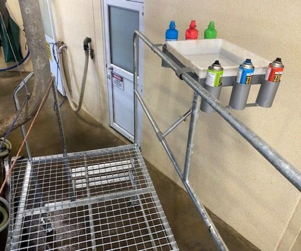 Aluminium workshop safety stair and tool storage station, ideal for muffler repair shops.